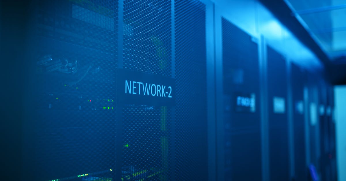 Modern server room network rack with blue illumination