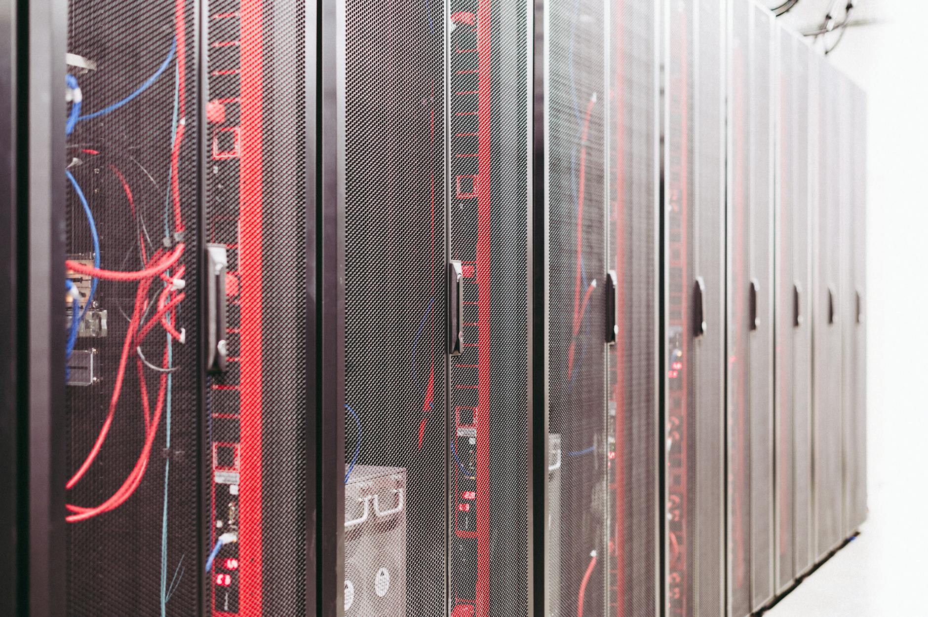 AI data centre lights in a dark room