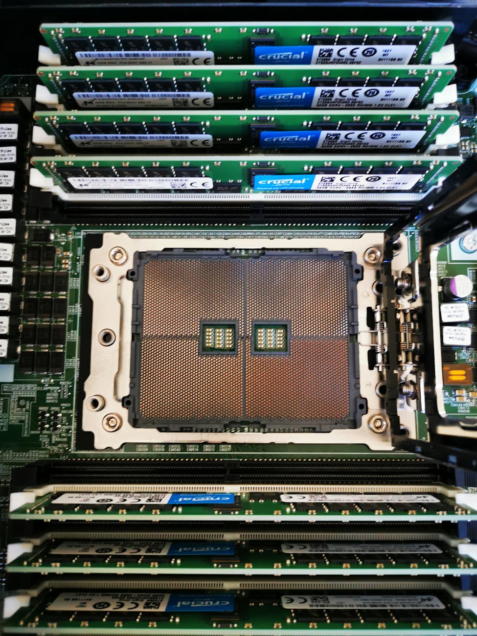 High-resolution close-up of a computer server processor and RAM assembly