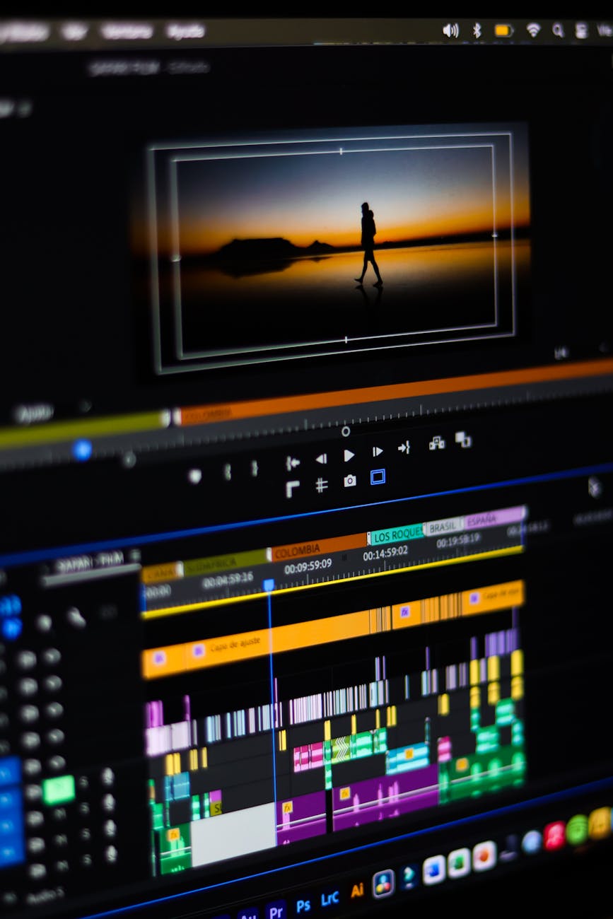 Video editing timeline and preview window on a desktop monitor, illustrating AI media workflows