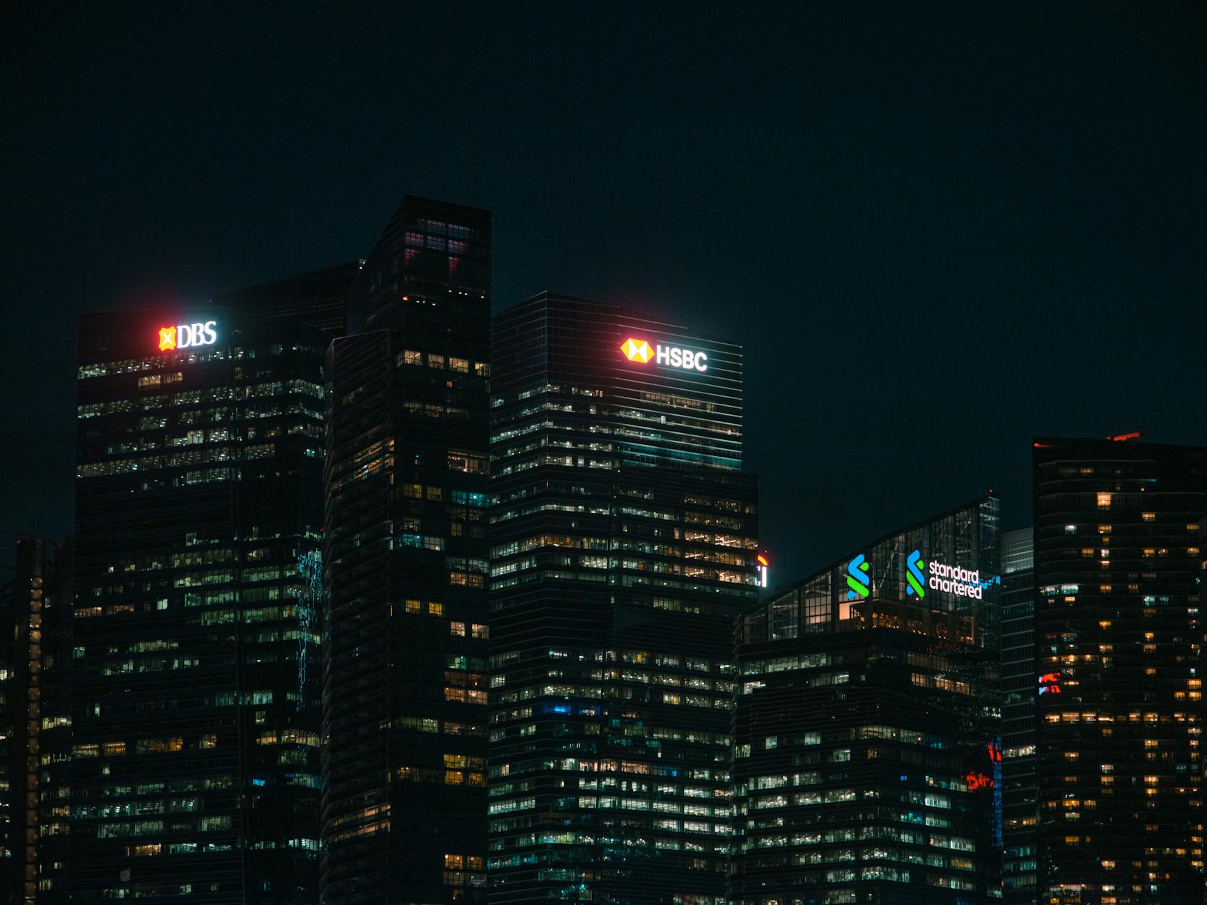 Illuminated bank towers in a financial district at night