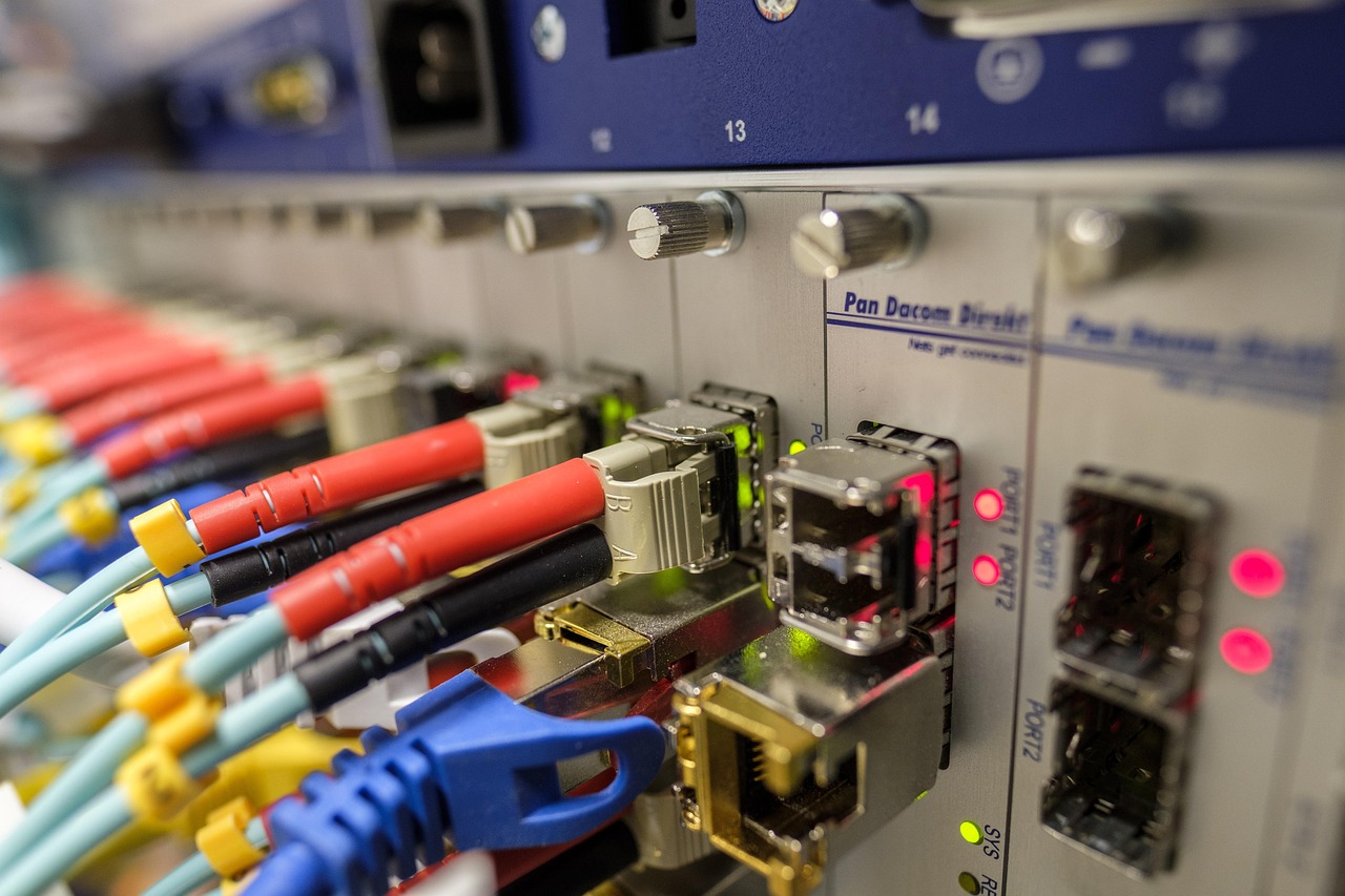 Fibre optic network cables in a data centre patch panel