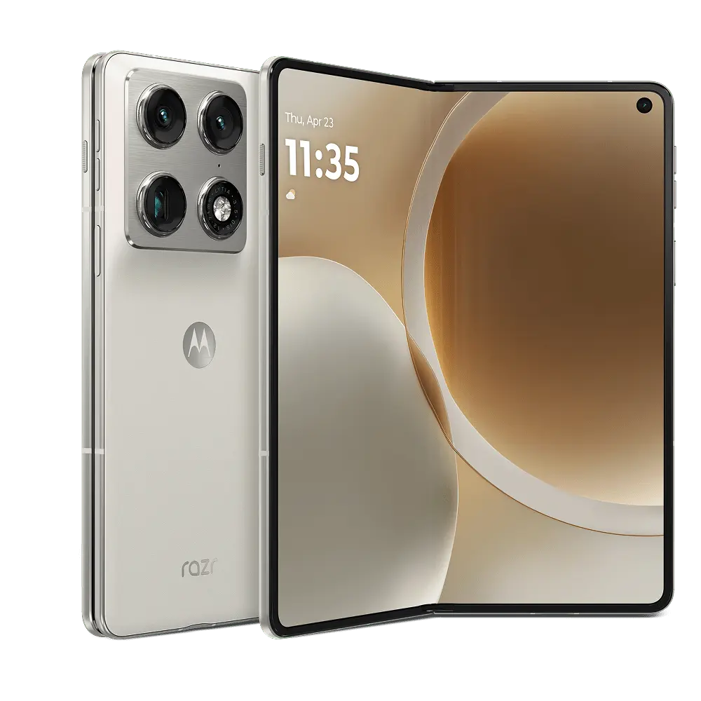 Motorola Razr Fold product image showing the foldable phone open in Lily White