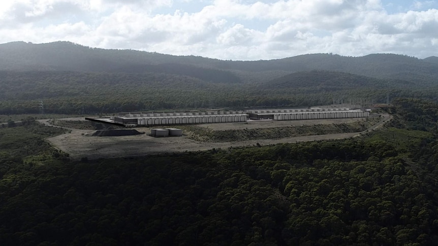 A large data centre sits prominantly in a forested landscape at Bell Bay.
