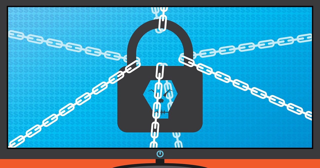 Illustration of ransomware code and cybersecurity warning graphics