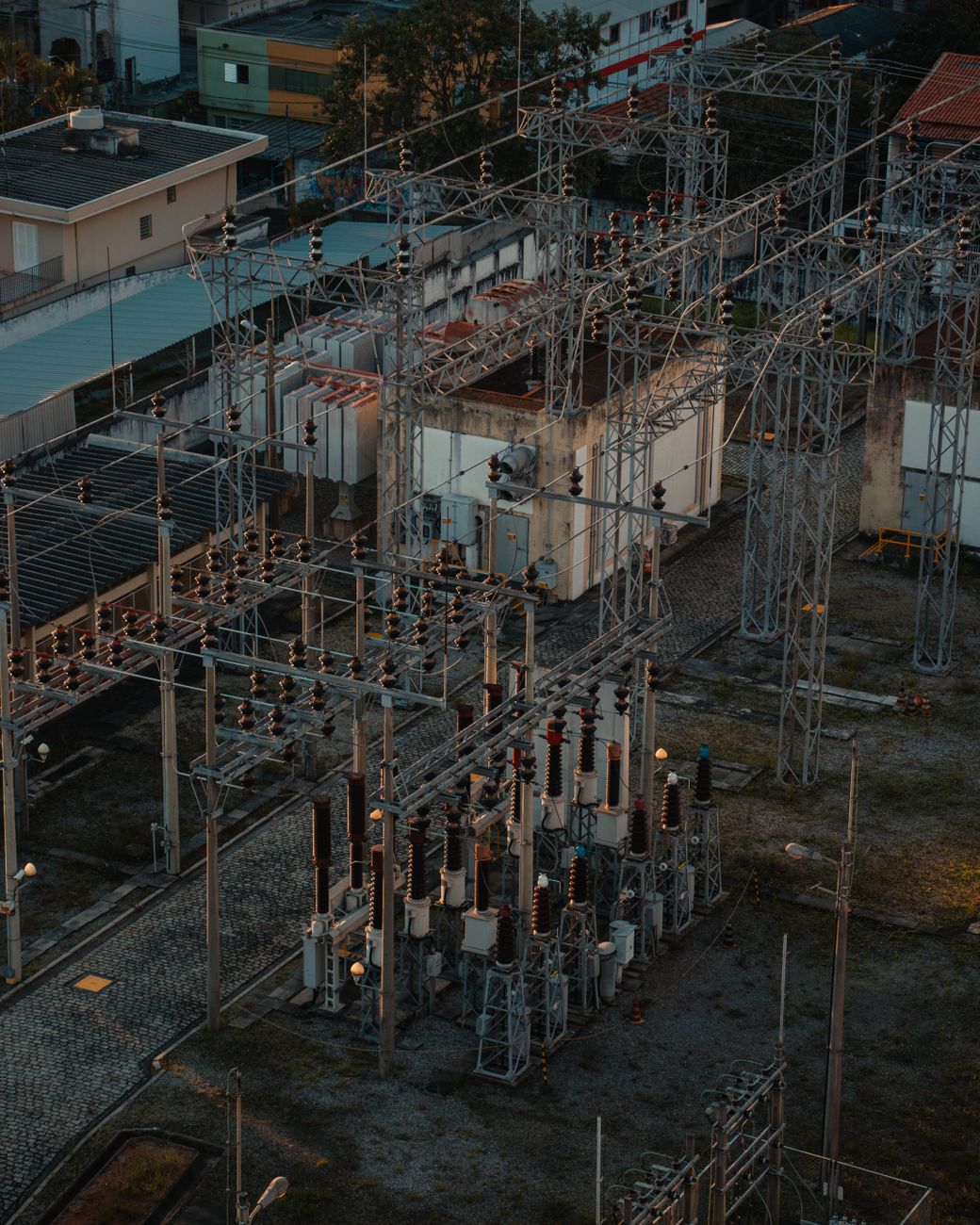 Aerial view of an electrical substation, reflecting the grid demands behind hyperscale AI campuses.